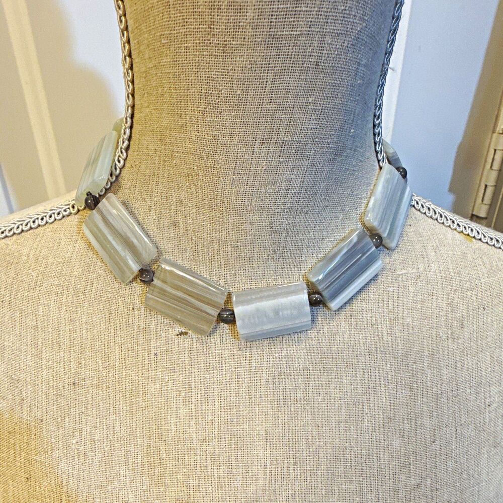 Gray Glass Rectangle Beaded Cable Chain Necklace Toggle Clasp 19 in